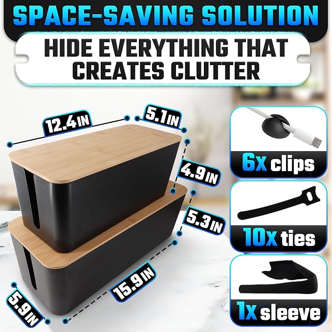 Cord Management Box Set – 2 Pack Cable Organizer Box to Hide Cords and Power Strip Kit with Clips, Reusable Ties & Sleeve – Functional, Modern Design | Medium & Large Sizes for Home & Office Use