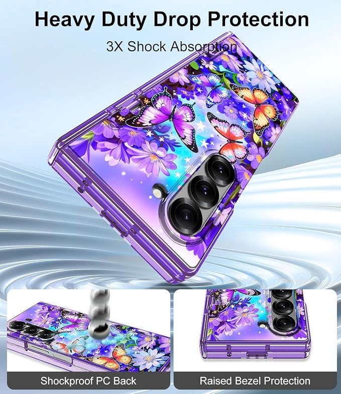 Btscase for Samsung Galaxy Z Fold 6 Case,Built in Front Screen Protector,Gold Glitter Marble Pattern Hard PC Slim Shockproof Full Body Drop Protective Case for Galaxy Z Fold 6 5G, Bright Purple