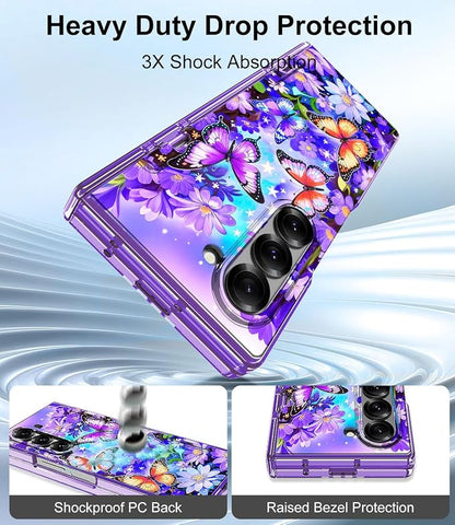 Btscase for Samsung Galaxy Z Fold 6 Case,Built in Front Screen Protector,Gold Glitter Marble Pattern Hard PC Slim Shockproof Full Body Drop Protective Case for Galaxy Z Fold 6 5G, Bright Purple