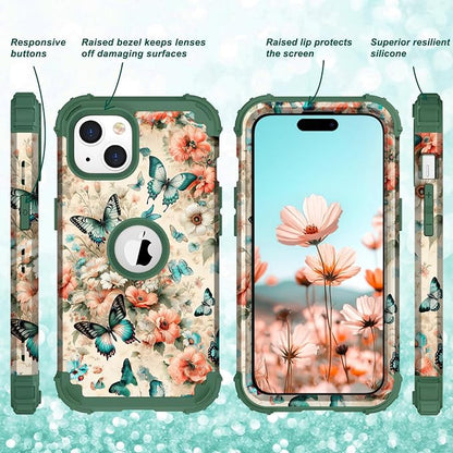 Hocase for iPhone 15 Case, Heavy Duty Shockproof Protection Soft Silicone Rubber Bumper+Hard Plastic Hybrid Protective Case for iPhone 15 (6.1" Display) 2023 - Teal Green Butterflies