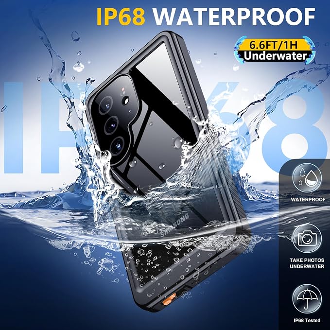 SPIDERCASE Upgraded for Samsung Galaxy S25 Ultra Case Waterproof,Built-in Screen & Camera Lens Protector[IP68 Underwater] [Military Grade Shockproof] Full Body Protection Phone Case, Black/Clear