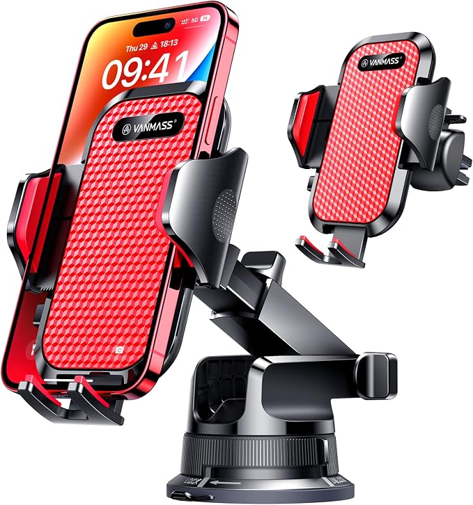 VANMASS [Pro Version] Universal Car Phone Mount [Super Suction Cup] Dashboard Phone Holder, Handsfree Windshield Dash Vent Phone Holder Car, Compatible for iPhone 17 16 15 14 Samsung LG & Truck,Red