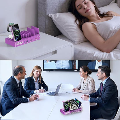 600w Charging Station for Multiple Devices, 15 in 1 Wireless Charger with 2pack 100w USB C Charger Cable, Dual 100w USB C Tablet Charging Station for MacBook,iPhone,iPad,Tablet(Purple)