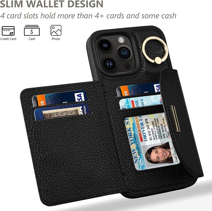 Keallce Wallet Case for iPhone 14 Pro 6.1'', Flip Case with Card Slots, Ring Holder Kickstand, PU Leather Protective Folio Cover for Women, Black