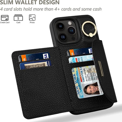 Keallce Wallet Case for iPhone 15 Pro 6.1'', Flip Case with Card Slots, Ring Holder Kickstand, PU Leather Protective Folio Cover for Women, Black
