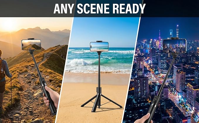 70“ Selfie Stick Tripod for iPhone/Android - Expandable Phone Tripod with Fill Light, 10M Bluetooth Remote Control, one Click Open Selfie Stick for Vlog/Travel/Live Streaming(Black)
