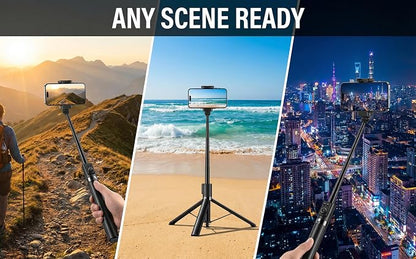 70“ Selfie Stick Tripod for iPhone/Android - Expandable Phone Tripod with Fill Light, 10M Bluetooth Remote Control, one Click Open Selfie Stick for Vlog/Travel/Live Streaming(Black)