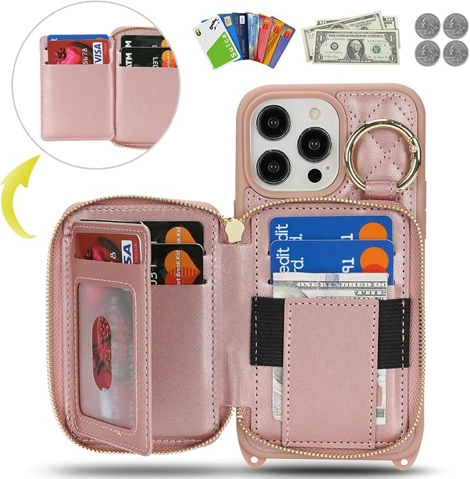 Crossbody Wallet Case for iPhone 14 Pro Max, PU Leather Zipper Handbag Purse Flip Cover, Kickstand Folio Case with Card Slots Holder Wrist Strap Lanyard 5G 6.7 Inch-Rose Gold