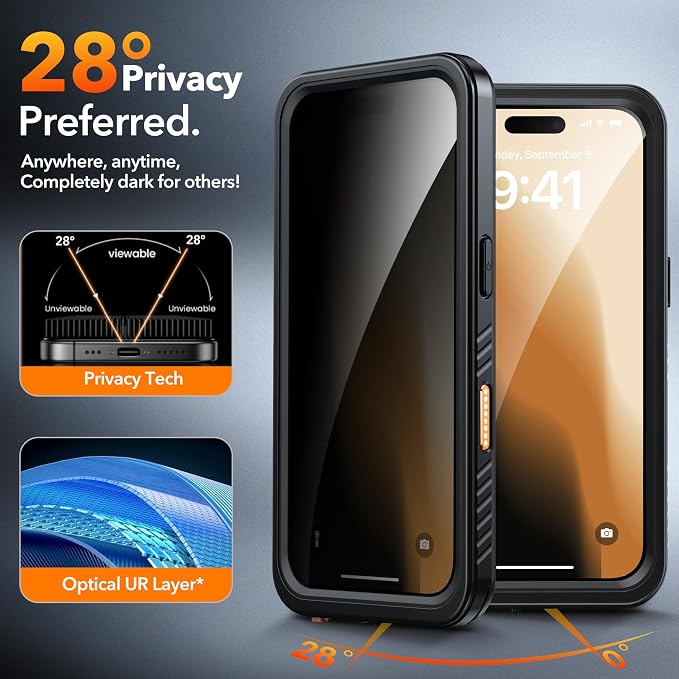 ANTSHARE for iPhone 16 Pro Case Waterproof, [Anti Spy] for iPhone 16 Pro Privacy Screen Protector, [IP68 Under Water] Heavy Duty Full-Body Shockproof Phone Case, Black