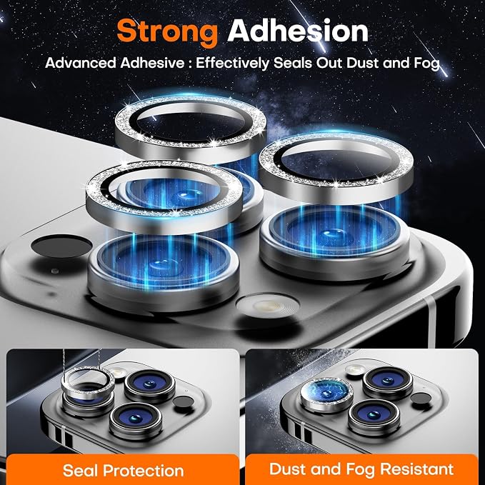 Camera Lens Protector for iPhone 17 Pro Max/17 Pro/16 Pro Max/16 Pro/15 Pro Max/15 Pro/14 Pro Max/14 Pro,Tempered Glass Metal Individual Camera Cover[Anti-drop] Case Friendly- Glitter Silver