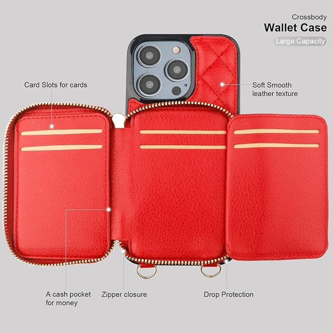 Bocasal Crossbody Wallet Case for iPhone 14 Pro Max, RFID Blocking PU Leather Zipper Handbag Purse Flip Cover, Kickstand Folio Case with Card Slots Holder Wrist Strap Lanyard 5G 6.7 Inch (Red)