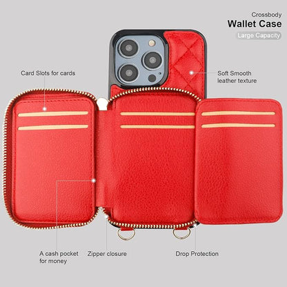 Bocasal Crossbody Wallet Case for iPhone 14 Pro Max, RFID Blocking PU Leather Zipper Handbag Purse Flip Cover, Kickstand Folio Case with Card Slots Holder Wrist Strap Lanyard 5G 6.7 Inch (Red)