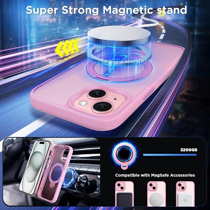 CACOE Magnetic Case for iPhone 15 6.1 inch with 360 Rotatable Ring Stand, Compatible with MagSafe Car Phone Mount, iPhone 15 Cases Cover Phone Holder for Desk Meeting/Videos Pink