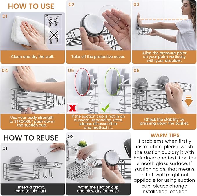 LEVERLOC Shower Caddy Suction Cup, 2 Pack Shelves for Inside with Hooks and Soap Organizer, NO-Drilling Bathroom Shelves, Rustproof Meatl Bathroom Holder, Grey