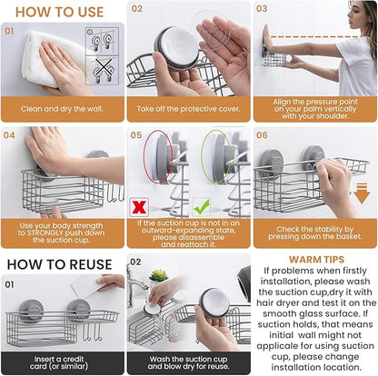 LEVERLOC Shower Caddy Suction Cup, 2 Pack Shelves for Inside with Hooks and Soap Organizer, NO-Drilling Bathroom Shelves, Rustproof Meatl Bathroom Holder, Grey