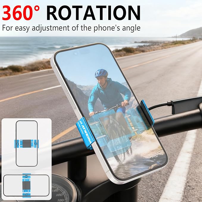 Bike Phone Holder, Motorcycle Phone Mount, Aluminum Alloy Bicycle Handlebar Cell Phone Stand, 360°Rotate Ebike Scooter Phone Clamp Clip, Suitable for 4.5-7.0" Smartphones (Blue)