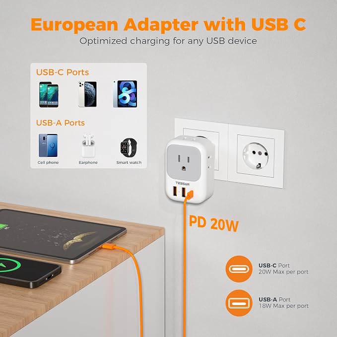 TESSAN US to European Plug Adapter 2 Pack, Type C Travel Adapter with Multi Outlets and USB Ports, Power Adaptor for USA to Europe EU Italy, Type C Foldable Plug