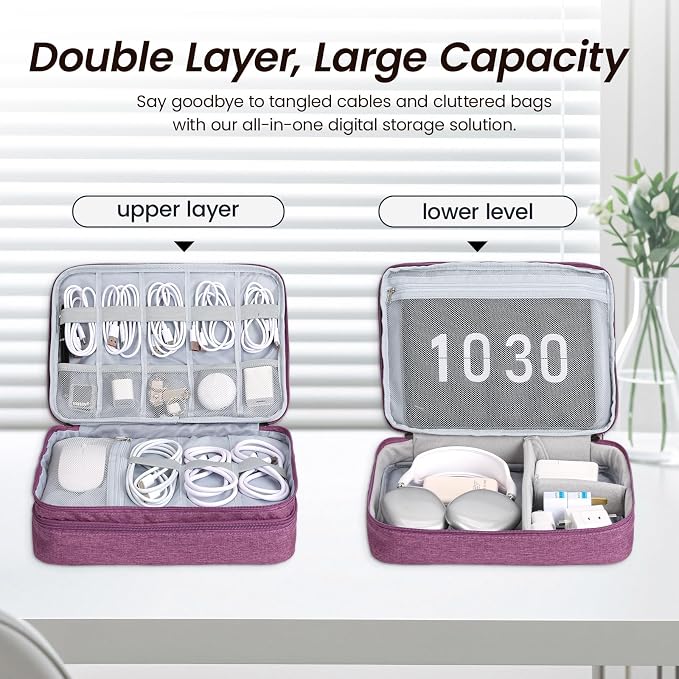 Large Electronic Organizer Travel Case, Double Layer Tech Pouch with Adjustable Dividers, Cable Organizer Bag for Charger, Power Bank, Hard Drive, Camera Gear and Travel Accessories