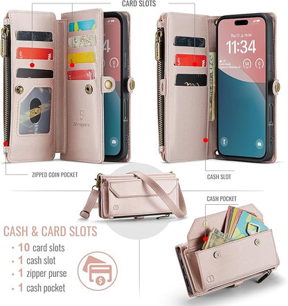 Strapurs Wallet Case Compatible with iPhone 16 Plus 6.7" RFID Blocking 10-Card Holder Soft PU Leather Magnetic Snap Shoulder Strap Zipper Pocket Phone Case Fit for iPhone 16 Plus - Rose Gold