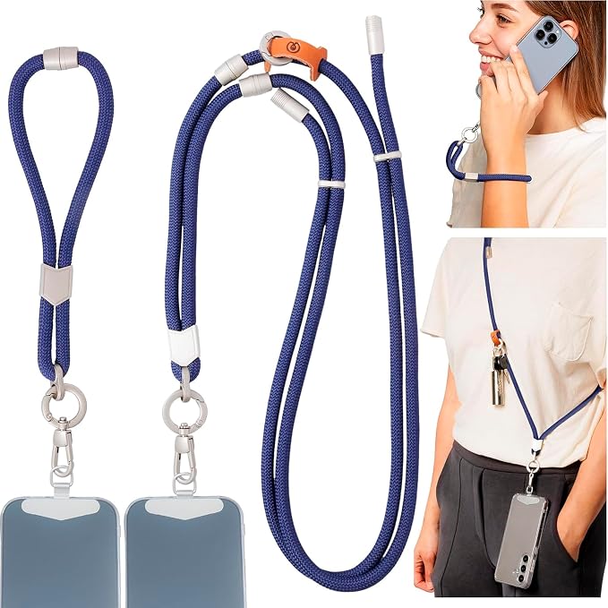 Pulpo 2 in 1 Anti Theft Phone Lanyard and Wrist Strap for iPhone and Android, Adjustable Cell Phone Leash and Universal Tether, Hands Free Strap for Travel Running and Everyday Use, Navy