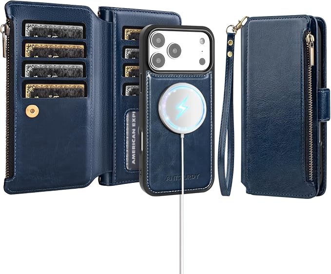Antsturdy Compatible with Magsafe Magnetic 2 in 1 Detachable iPhone 17 Pro Wallet Case with Credit Card Holder Slots,PU Leather RFID Blocking Phone Cover Wrist Strap Zipper Women Men,Dark Blue