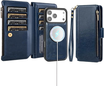 Antsturdy Compatible with Magsafe Magnetic 2 in 1 Detachable iPhone 17 Pro Wallet Case with Credit Card Holder Slots,PU Leather RFID Blocking Phone Cover Wrist Strap Zipper Women Men,Dark Blue