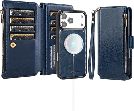Antsturdy Compatible with Magsafe Magnetic 2 in 1 Detachable iPhone 17 Pro Wallet Case with Credit Card Holder Slots,PU Leather RFID Blocking Phone Cover Wrist Strap Zipper Women Men,Dark Blue