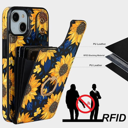 HAOPINSH for iPhone 13/ iPhone 14 Wallet Case with Card Holder, 360°Rotation Ring Kickstand, Blooming Sunflowers Pattern, RFID Blocking Leather for Girls Women,Double Buttons Protective Cover 6.1"