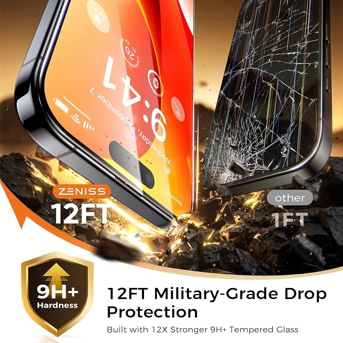 NeverBreak 9H+ Hardness for iPhone 15 Screen Protector 12FT Military Grade Protection (Scratch, Shatter, Drop Resistance) 15 Tempered Glass Full Edge Coverage Case Friendly 6.1" 2 Pack