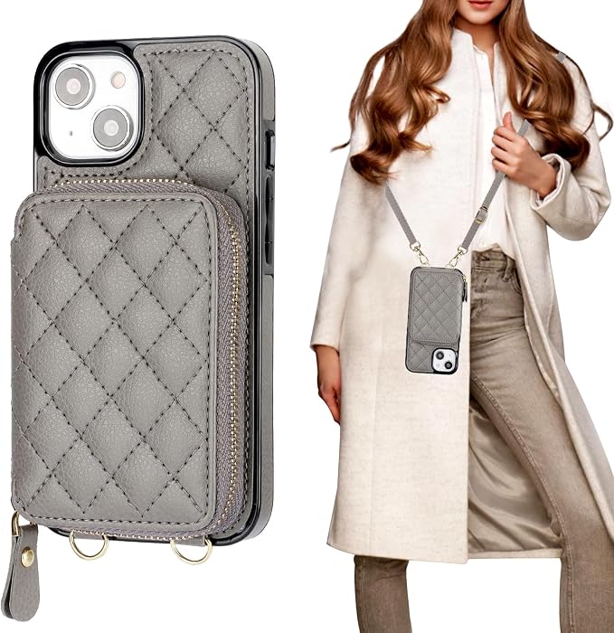Bocasal Crossbody Wallet Case for iPhone 14, RFID Blocking PU Leather Zipper Handbag Purse Flip Cover, Kickstand Folio Case with Card Slots Holder Wrist Strap Lanyard 5G 6.1 Inch (Grey)