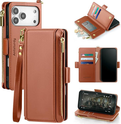 Antsturdy Compatible with iPhone 17 Pro Wallet Case Women,RFID Blocking PU Leather Phone Case Men Kickstand Flip Cover Wrist Strap Zipper Credit Card Holder Slots for Apple 17 Pro 6.3",Orange