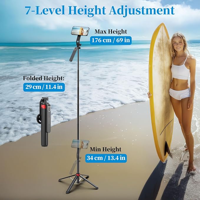 PlusAcc 69” Magnetic Selfie Stick Tripod - Extendable Phone Mount for MagSafe, 360°Rotation Travel Stand with Rechargeable Remote, Compatible with iPhone, Camera, Video Recording