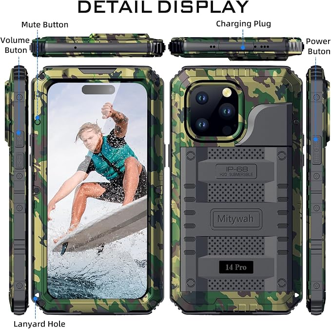 Mitywah Waterproof Case for iPhone 14 Pro, Heavy Duty Shockproof Case with Built-in Screen Protector, Full Body Underwater Protective Metal Case 6.1 inch, Camouflage
