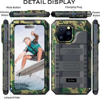 Mitywah Waterproof Case for iPhone 14 Pro, Heavy Duty Shockproof Case with Built-in Screen Protector, Full Body Underwater Protective Metal Case 6.1 inch, Camouflage