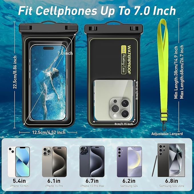 MOLOSLEEVE Floating Waterproof Pouch, with Adjustable Neck Lanyard, Marine IP68 Cellphone Dry Bag Compatible with 17/16/15/14/13 Pro Max/12/S24 Up to 7", 1 Pack-Black/Yellow