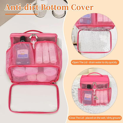 CUBETASTIC Shower Caddy Portable Mesh Shower Tote for Bathroom, Gym, Travel, Camping - Quick Dry Hanging Organizer Toiletry Bag with Handle for College Dorm Room, Men & Women (A# Hot Pink, 9.8")