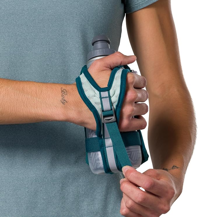 Nathan SpeedDraw 2 Insulated Handheld Running Water Bottle Flask – Double-Wall Insulation, Ergonomic Grip, Blast Valve Cap, Phone & Key Storage Pockets, Reflective Design, 12oz Insulated - Deep Teal