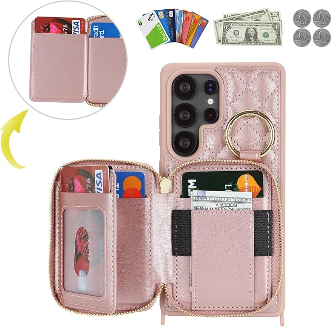 Crossbody Wallet Case for Galaxy S25 Ultra, PU Leather Zipper Handbag Purse Flip Cover, Kickstand Folio Case with Card Slots Holder Wrist Strap Lanyard -Rose Gold