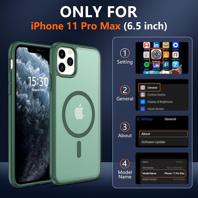 For iPhone 11 Pro Max Case [Compatible with Magsafe] Translucent Matte Magnetic Case with Screen Protector,SlimThin Shockproof Military Grade Drop Protection Cover for iPhone 11 ProMax-Dark green