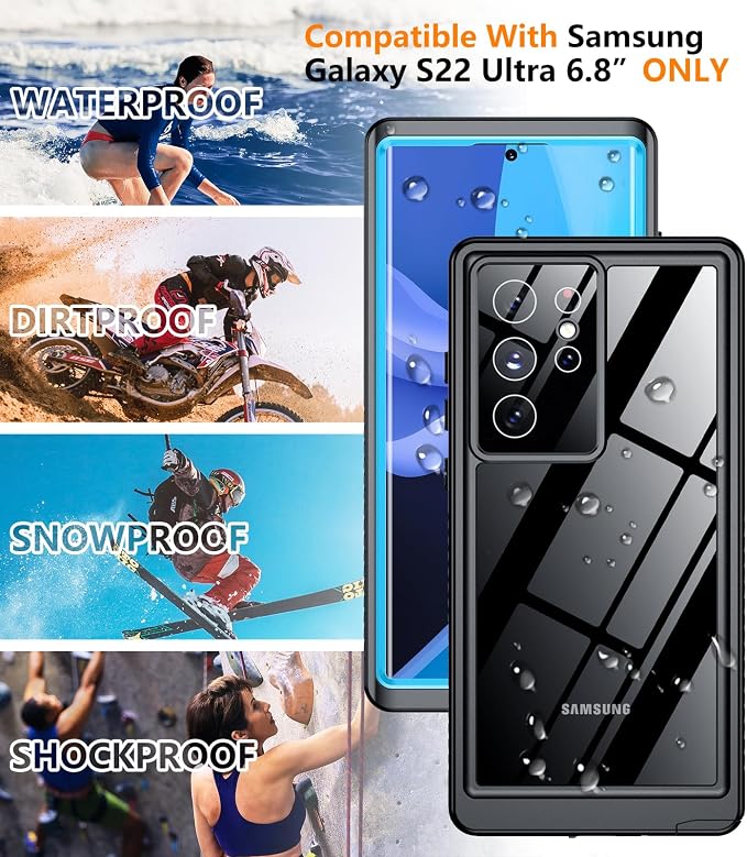 Temdan Designed for Samsung Galaxy S22 Ultra Case,Waterproof Built-in Lens & Screen Protector [Full Body Shockproof][Military Drop Proof][IP68 Underwater] Phone Case for S22 Ultra 5G-Blue (2022)