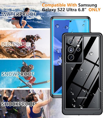 Temdan Designed for Samsung Galaxy S22 Ultra Case,Waterproof Built-in Lens & Screen Protector [Full Body Shockproof][Military Drop Proof][IP68 Underwater] Phone Case for S22 Ultra 5G-Blue (2022)