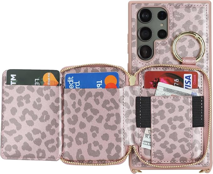 Crossbody Wallet Case for Galaxy S24 Ultra, PU Leather Zipper Handbag Purse Flip Cover, Kickstand Folio Case with Card Slots Holder Wrist Strap Lanyard -Pink Leopard