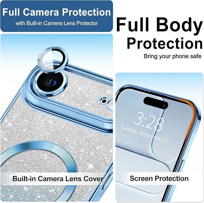 Hython for iPhone Air Case Glitter Clear Magnetic Phone Cases [Compatible with MagSafe] Full Camera Lens Protector Sparkle Luxury Plating Slim Shockproof Protective Cover, Gradient Light Blue