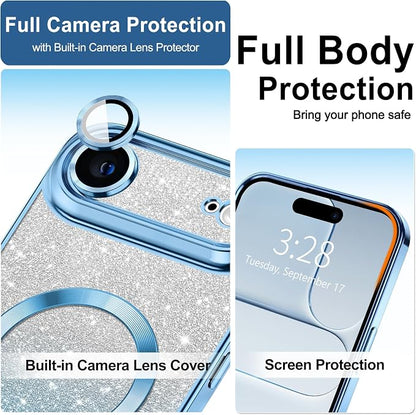 Hython for iPhone Air Case Glitter Clear Magnetic Phone Cases [Compatible with MagSafe] Full Camera Lens Protector Sparkle Luxury Plating Slim Shockproof Protective Cover, Gradient Light Blue