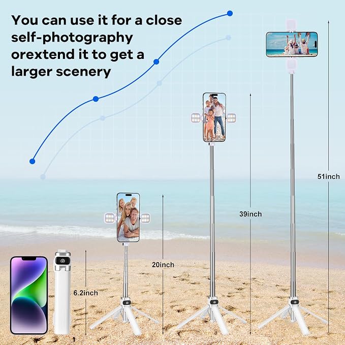 Mini Phone Tripod Stand,MQOUNY 38" Phone Tripod &Selfie Stick with Wireless Rechargeable Remote & Removable Light, Extendable Tripod Stand 360 Rotation Compatible with Phone&Android Samsung (White)