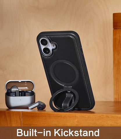 for iPhone 17 Leather Case with Stand, Anti-Slip Grip Ring, Fits for MagSafe (Black, iPhone 17)