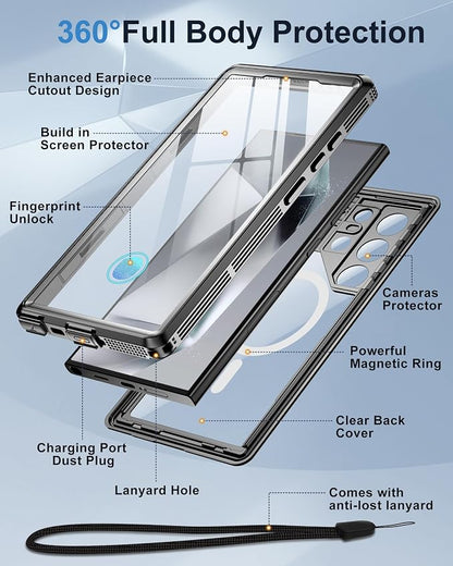 for Samsung Galaxy S24 Ultra Waterproof Case, [Fit for Magsafe] [IP68 Water Proof] [Built-in Screen Protector], Magnetic Heavy Duty Military Grade Rugged Phone Case for S 24 Ultra 6.8", Black