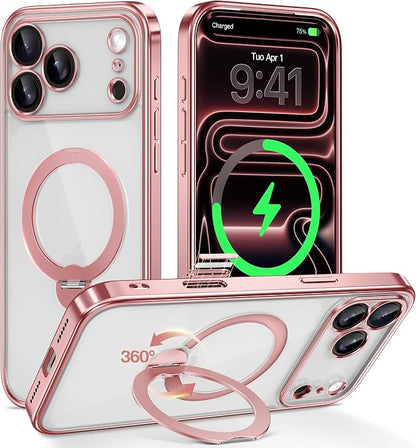 GolbinBox for iPhone 17 Pro Max Case with 360° Spin Magnetic Stand,[Compatible with Magsafe] [Military Protection][Built-in Ring Holder] Camera Control Phone Case for 17 Pro Max,Pink/Clear