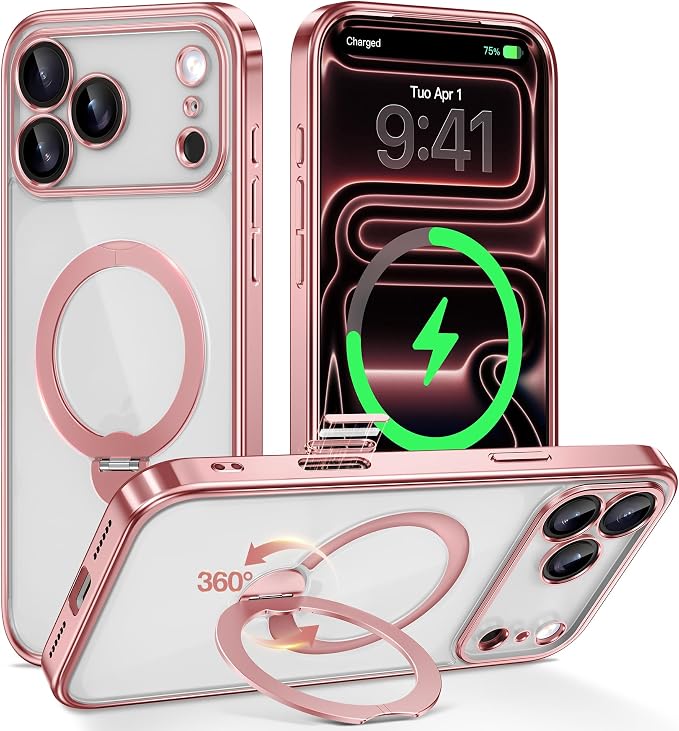 GolbinBox for iPhone 17 Pro Case with 360° Spin Magnetic Stand,[Compatible with Magsafe] [Military Protection][Built-in Ring Holder] Camera Control Phone Case for 17 Pro,Pink/Clear