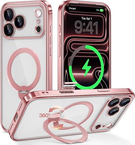 GolbinBox for iPhone 17 Pro Case with 360° Spin Magnetic Stand,[Compatible with Magsafe] [Military Protection][Built-in Ring Holder] Camera Control Phone Case for 17 Pro,Pink/Clear